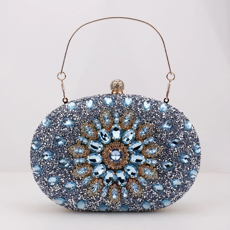 Red Green Blue Pu Leather Polyester Flower Rhinestone Oval Evening Bags