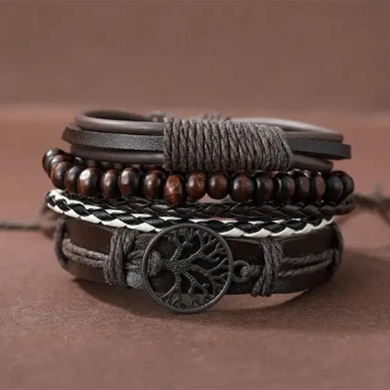 Handmade Multi-Layer Punk Braided PU Leather Bracelet for Men Vintage Style Hiphop Jewelry for Wedding and Party Gifts