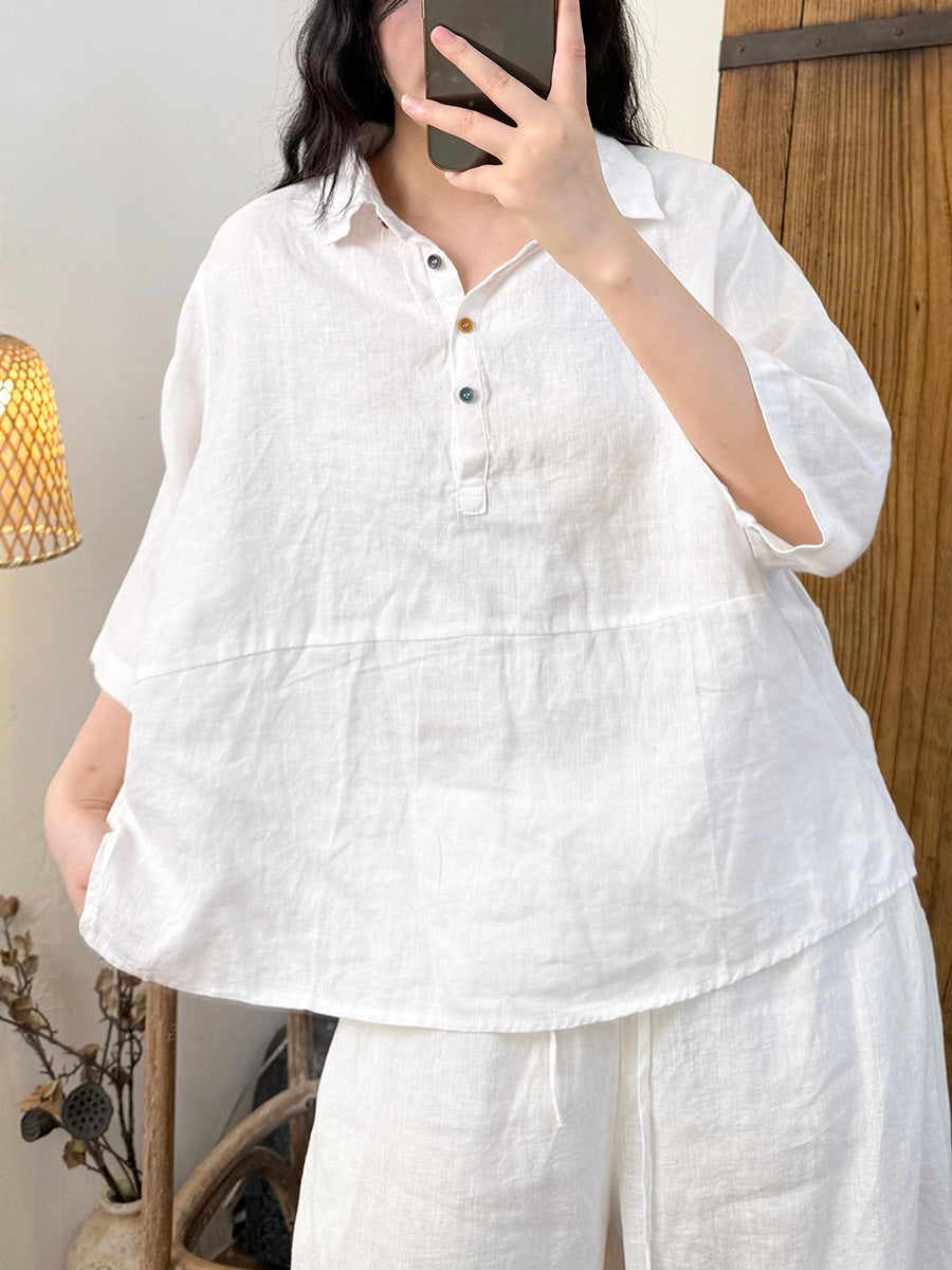 Women Summer Pure Color Turn-down Collar Collar Linen Shirt