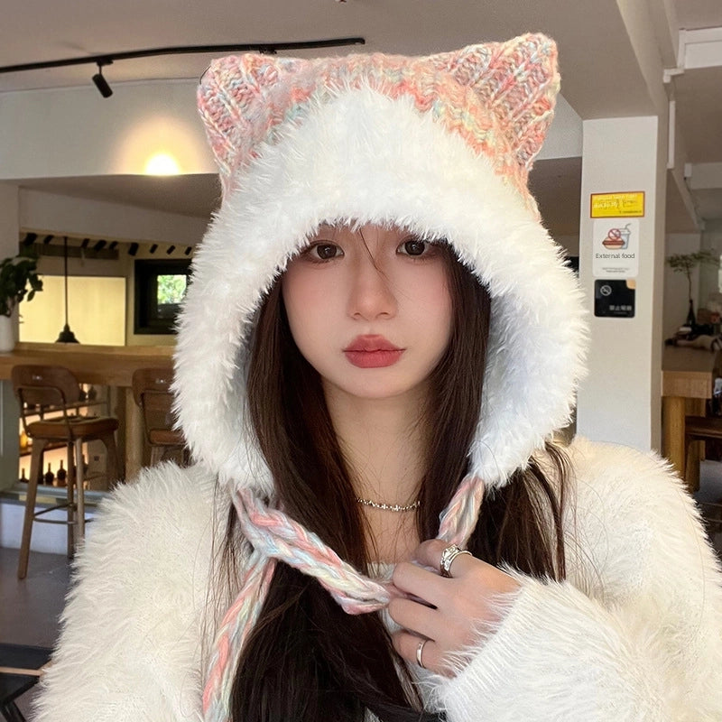 Qiyu Hat Bear Hat Autumn And Winter Wool Knitted Cat Ear Hat Versatile Cute Face-looking Small Warm Fashion Hat