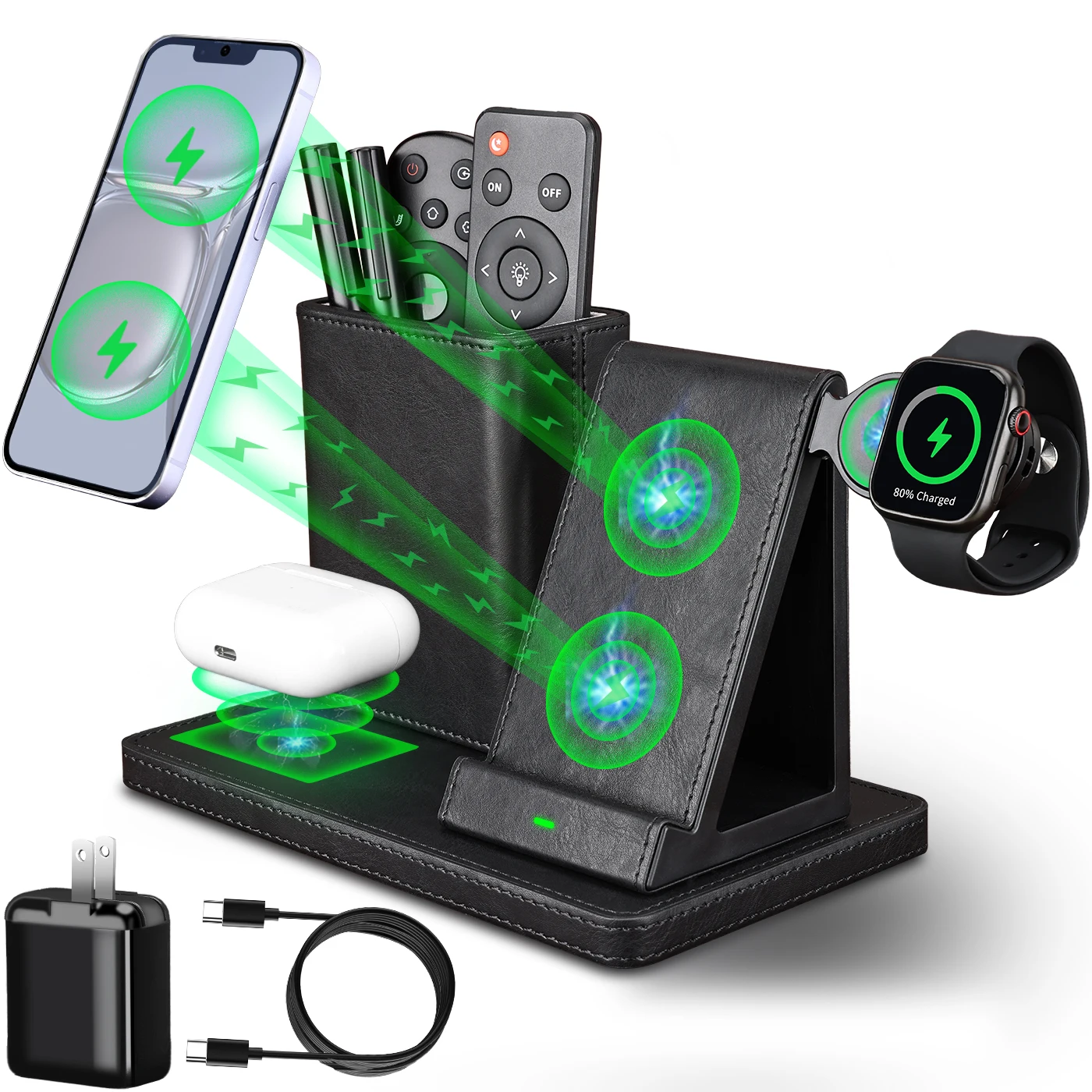 Black Leather Desk Organizer Desktop Desk 3 in 1 Charging Station 15W Wireless Charger Stand For Phone Watch  Earphone