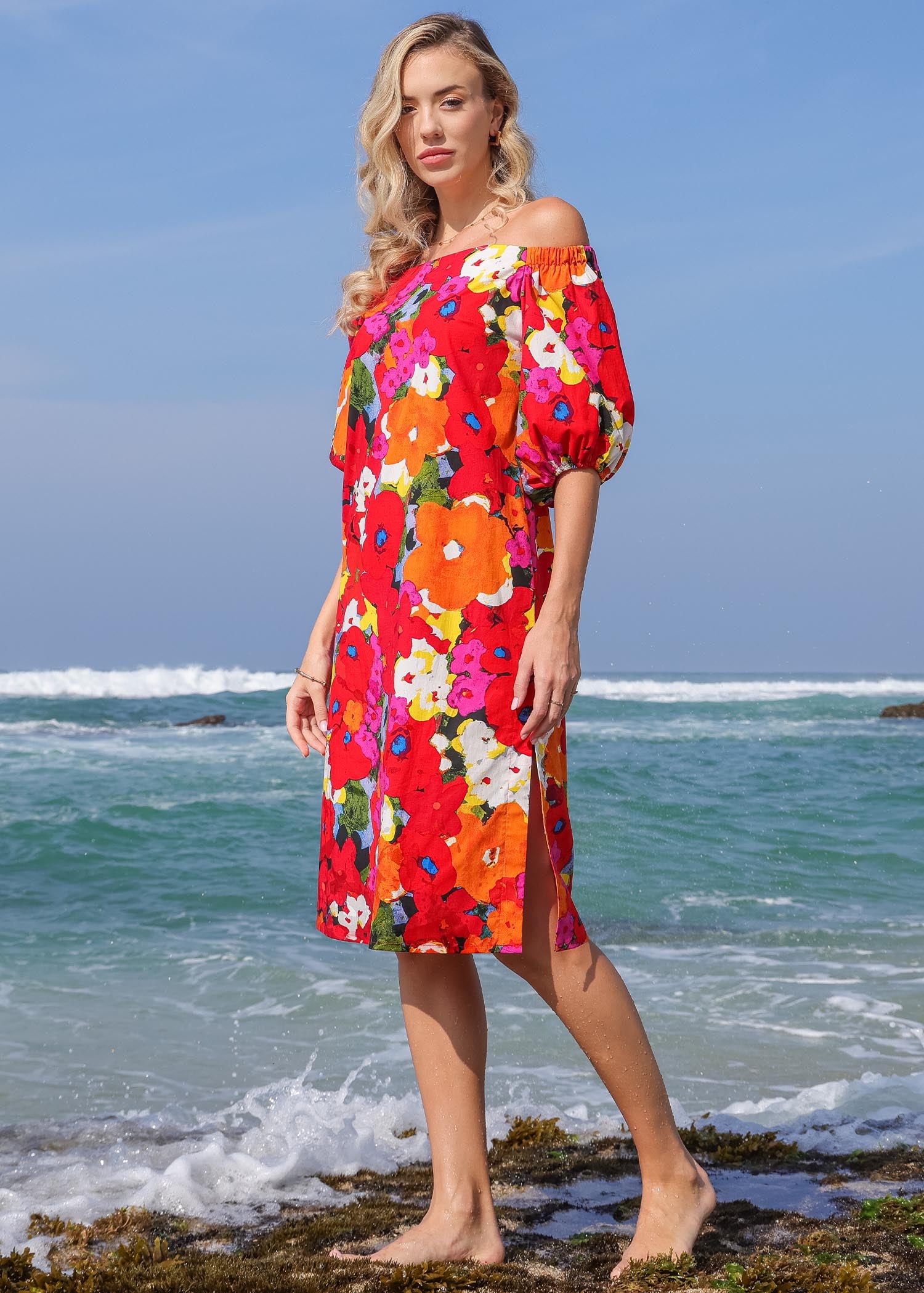 Off Shoulder Balloon Sleeve Midi Dress