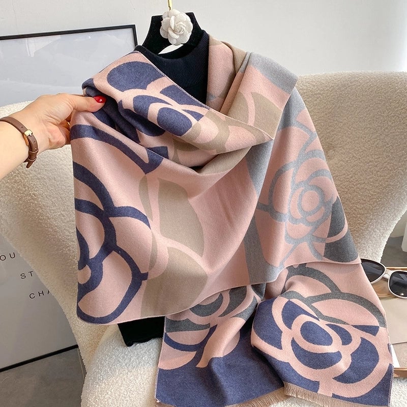 Color Matching Camellia Elegant Cashmere Scarf For Women Double-sided Thickened Autumn And Winter Warm Air Conditioning Shawl
