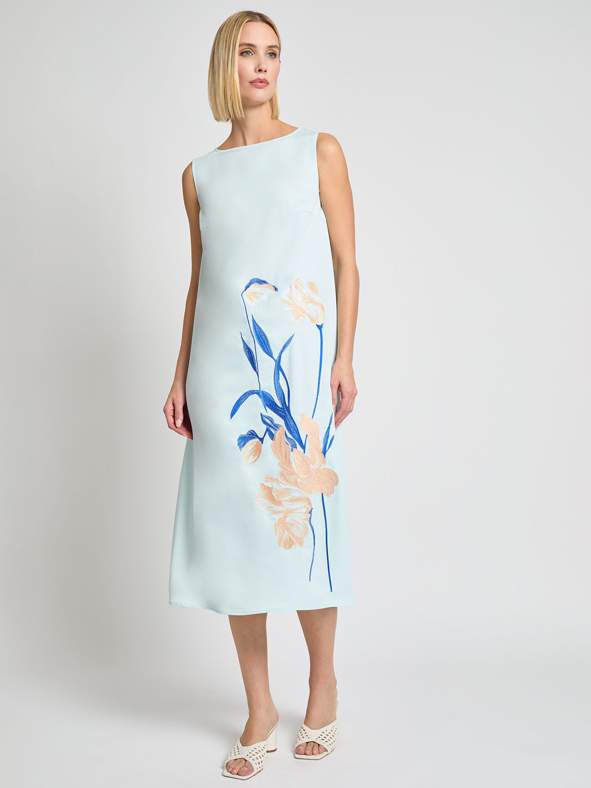 Floral Embroidered Crepe de Chine Maxi Dress - Modern Fit