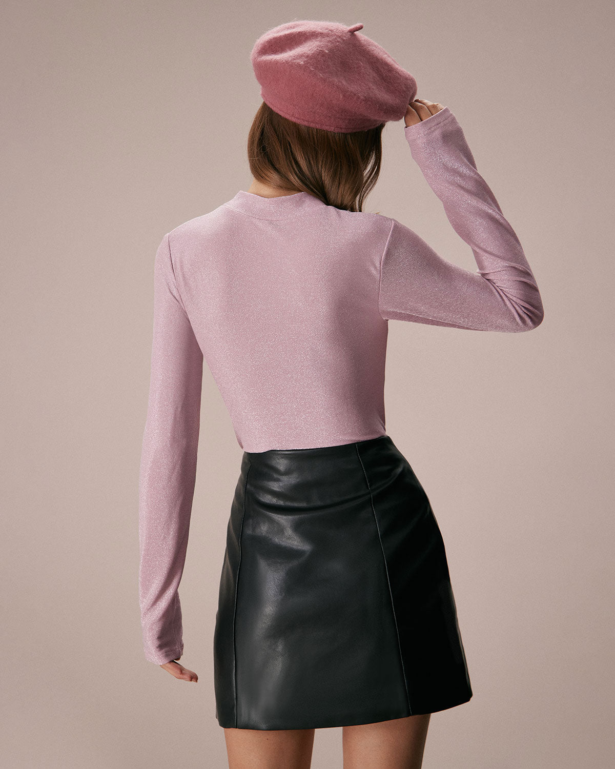 The Pink Mock Neck Long Sleeve Lurex Tee