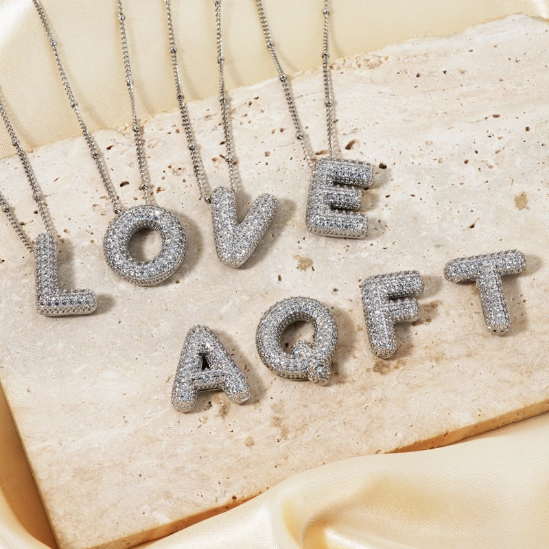 304 Stainless Steel Copper Rhodium Plated Three-dimensional Inlay Letter Zircon Pendant Necklace