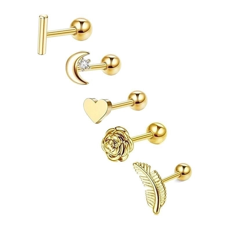 Minimalist Heart Shape Stainless Steel Plating Zircon Ear Studs 5 Piece Set