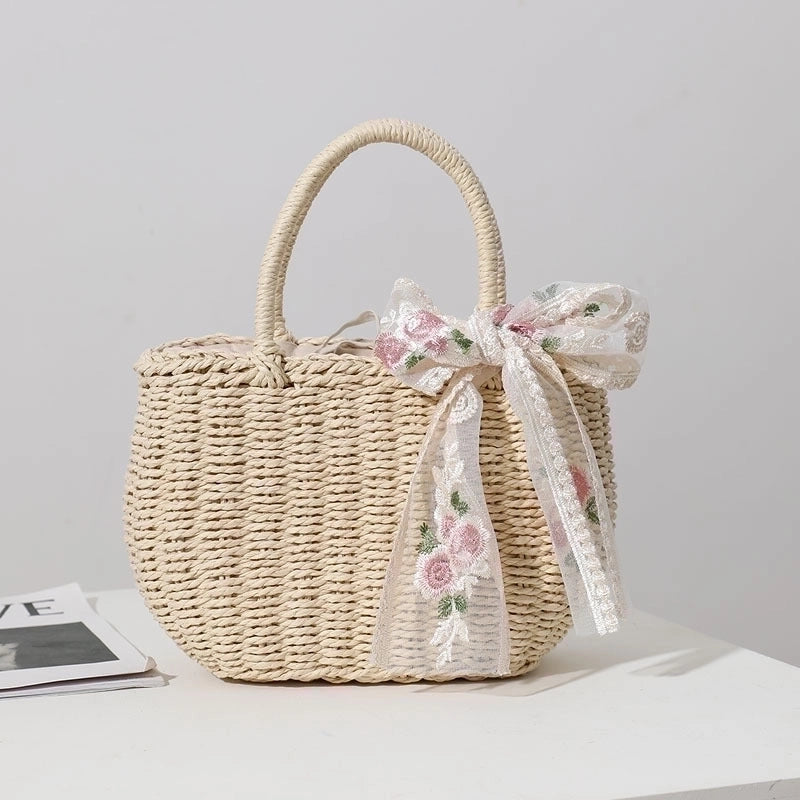 Women's Medium Straw Bow Knot Elegant Square String Straw Bag
