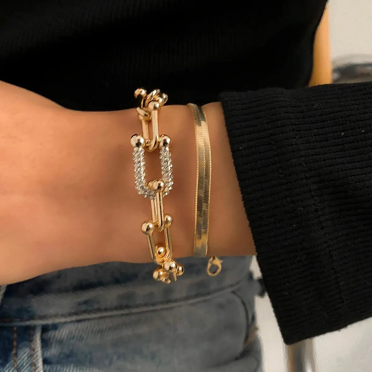 2pc Statement Chain Lock & Herringbone Bracelet