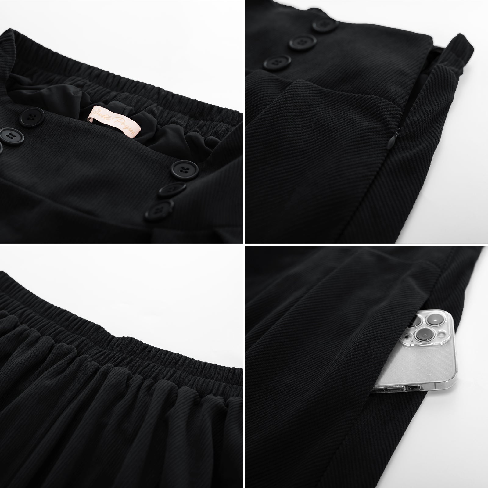 Vintage Corduroy Skirt Elastic High Waist Buttons Decorated Swing Skirt with Pockets