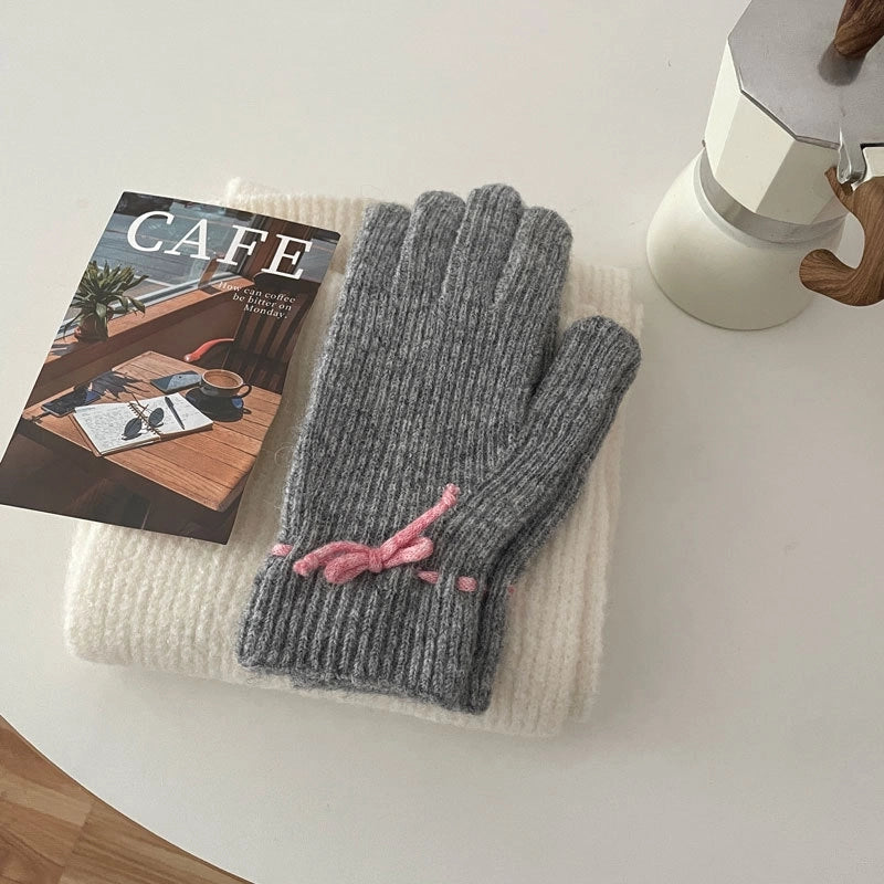 Women's Casual Sweet Bow Knot Spandex Polyester Acrylic Knitted Scarf Hat Gloves