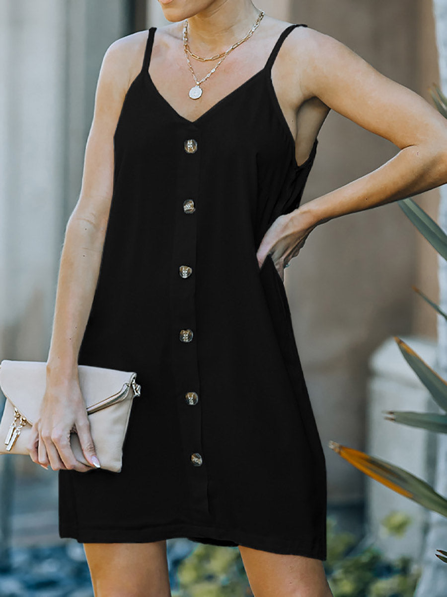 V-Neck Single-Breasted Sleeveless Dress(7 colors)