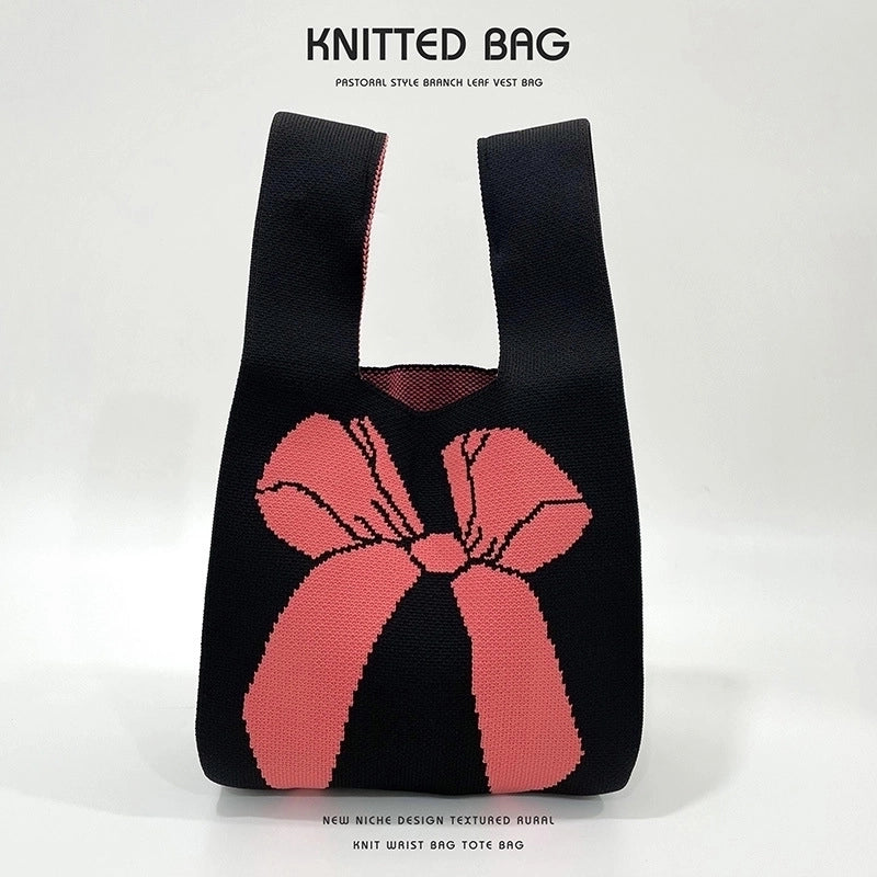 Women's Medium Knit Bow Knot Vintage Style Open Straw Bag