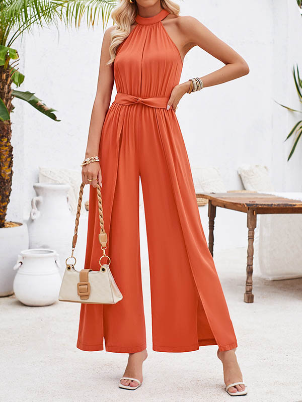 High Waisted Loose Pleated Solid Color Split-Front Tied Waist Halter-Neck Jumpsuits