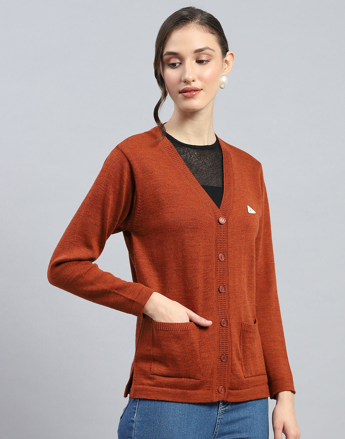 Women Brown Solid V Neck Full Sleeve Cardigan