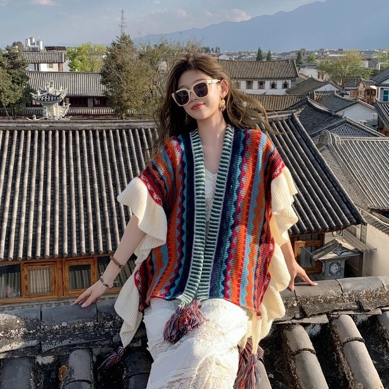 Travel Outside Knitted Shawl Ethnic Style Vintage Cape Cloak Tassel Scarf For Vacation Wear