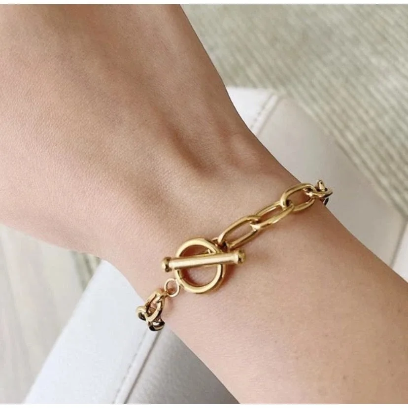 Gold Bracelet Paper Clip Bracelet T Ring Gold Plated Stainless Steel Oval Chain Bracelet For Women