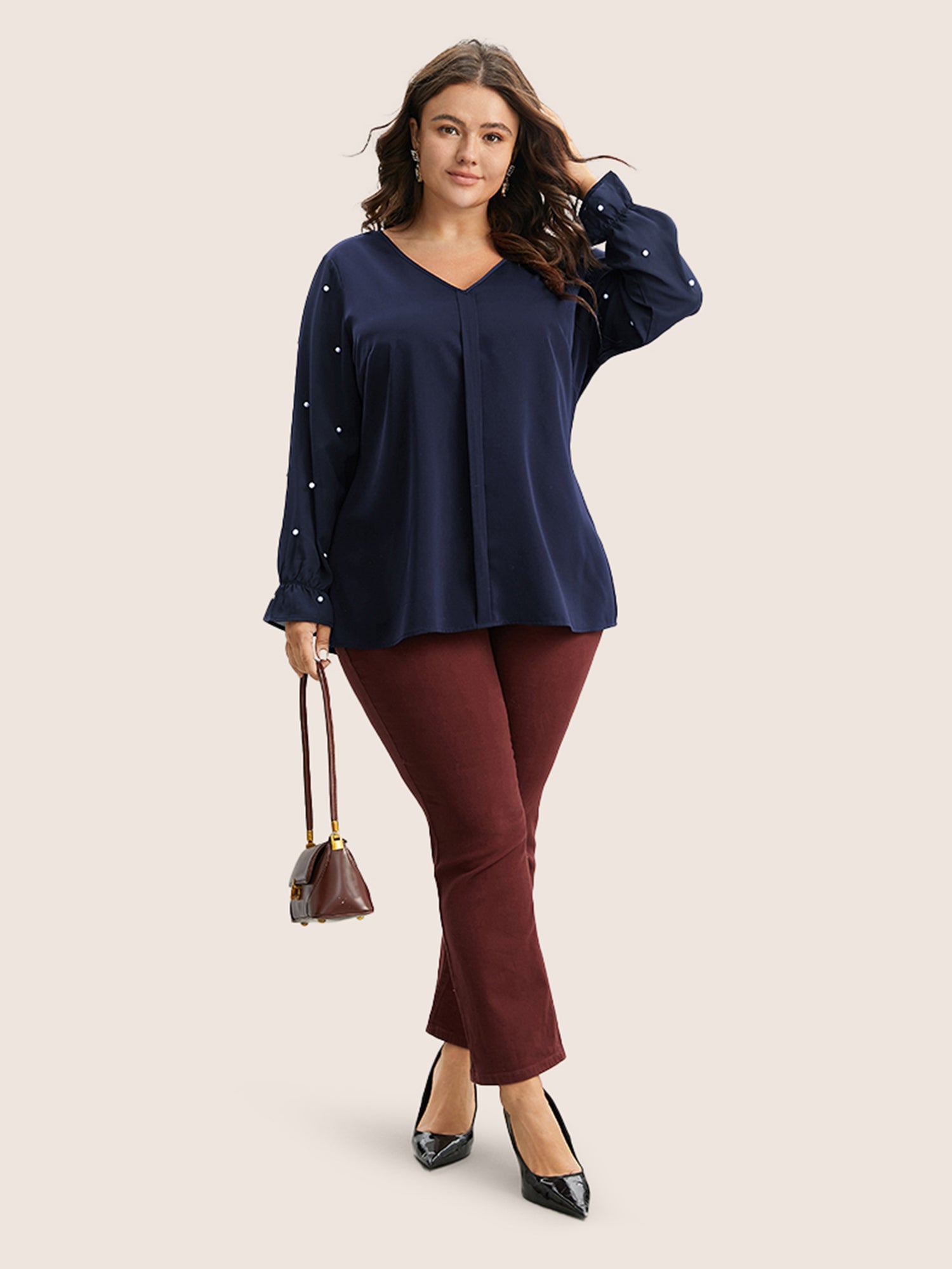 Pearl Beaded Mesh Patchwork Ruffles Blouse