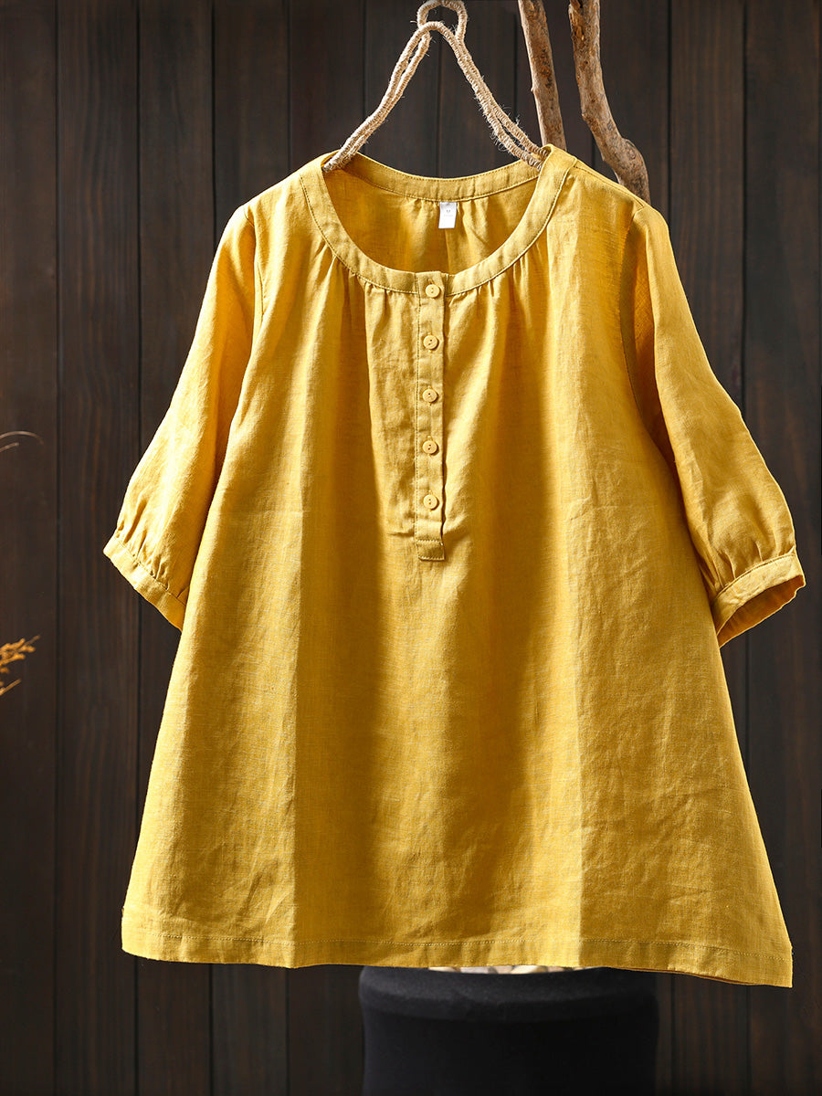 Women Summer Pure Color Button 100%Linen O-Neck Shirt