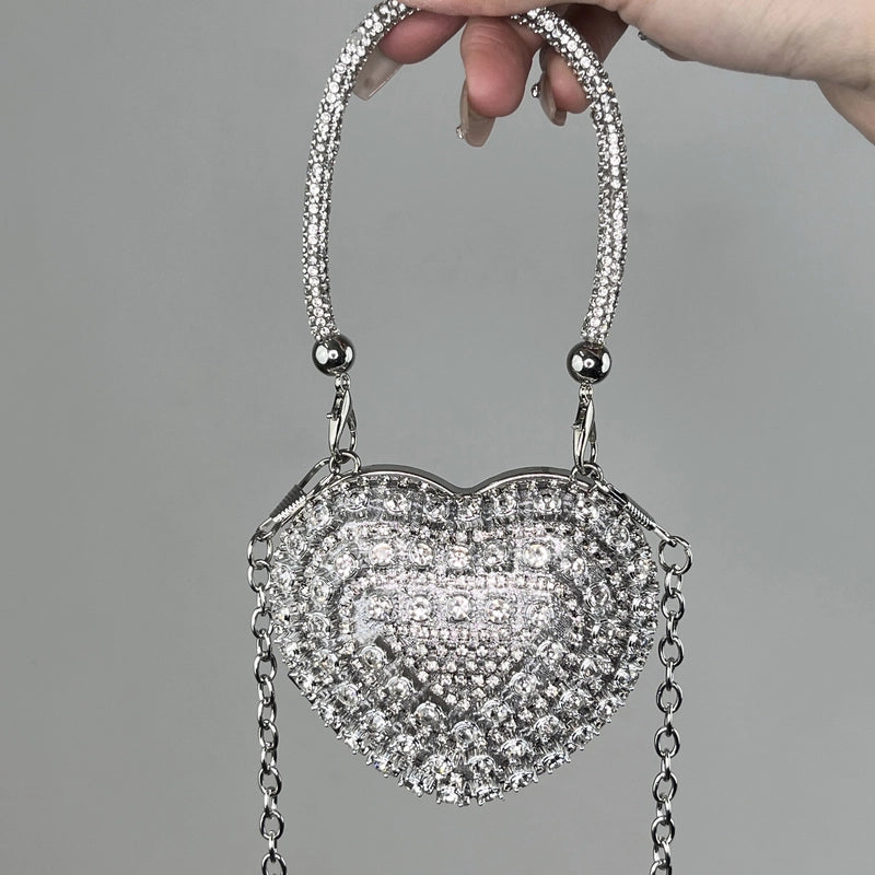 Silver Tassel Love Portable Silver Big Diamond Love Portable Silver Small Diamond Love Portable Plastic Metal Heart Shape Tassel Heart-shaped Evening Bags