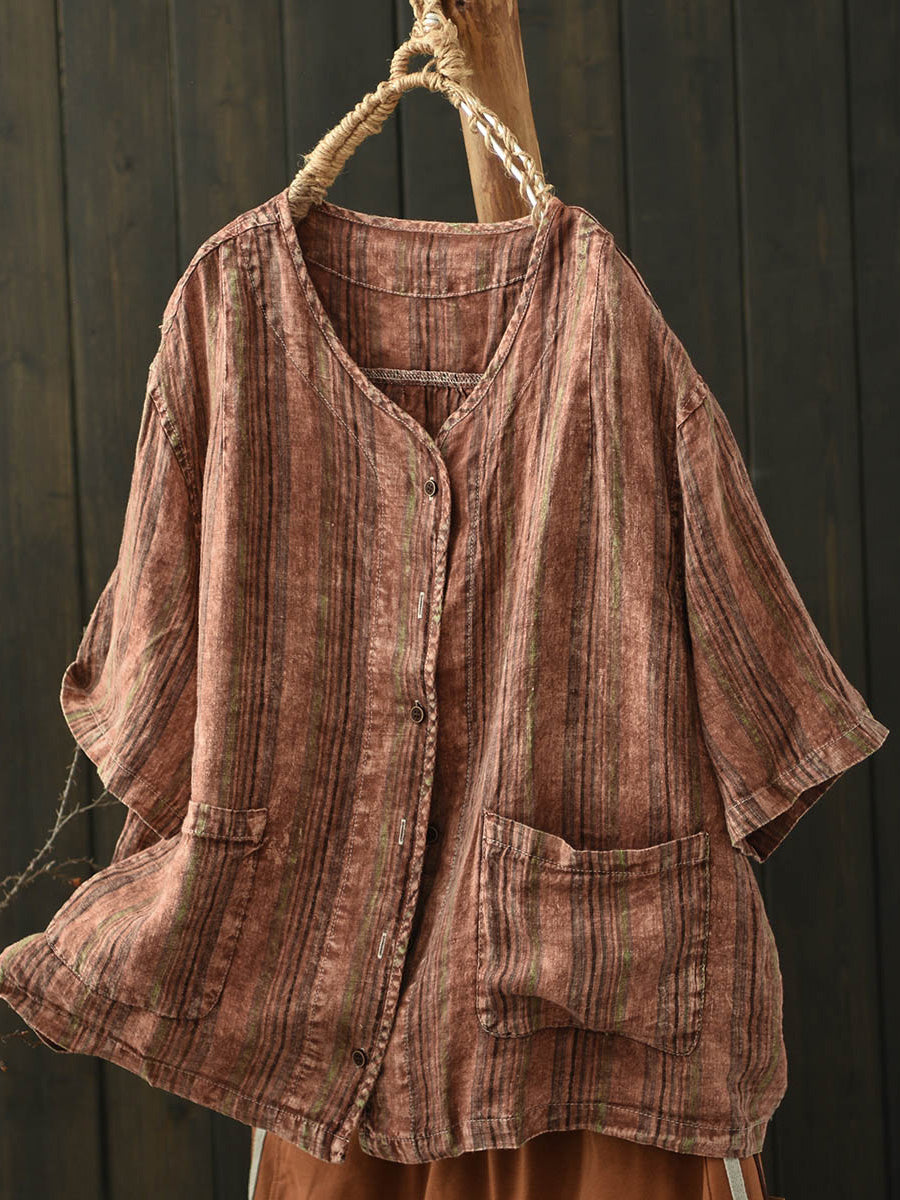 Women Summer Retro Stripe V-Neck Linen Shirt