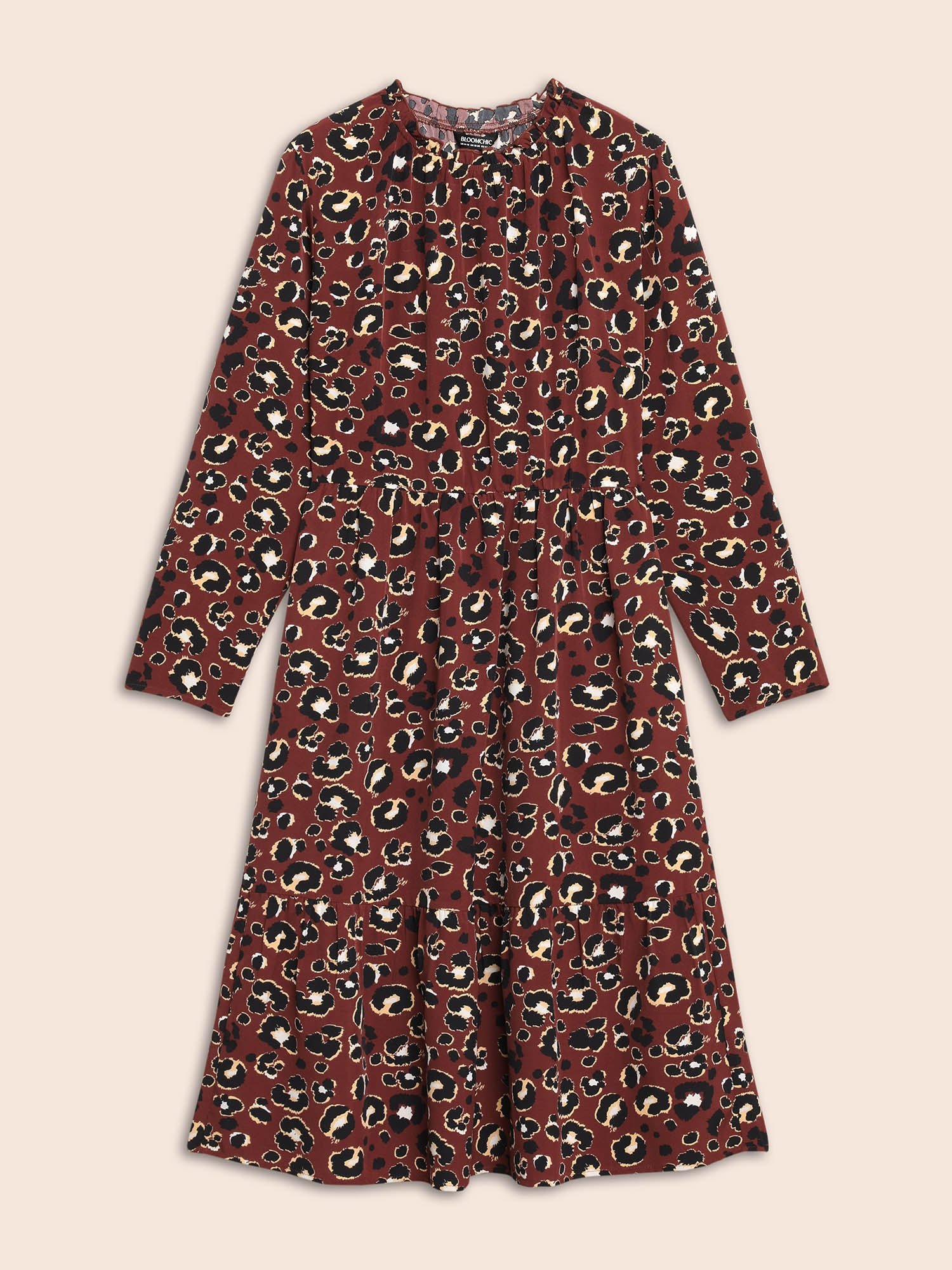 Leopard Print Mock Neck Frill Trim Dress