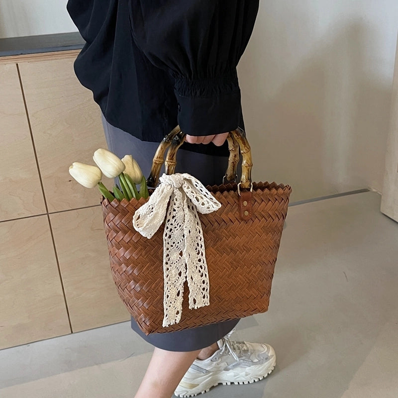 Women's Medium Straw Solid Color Vacation Beach Weave Open Straw Bag