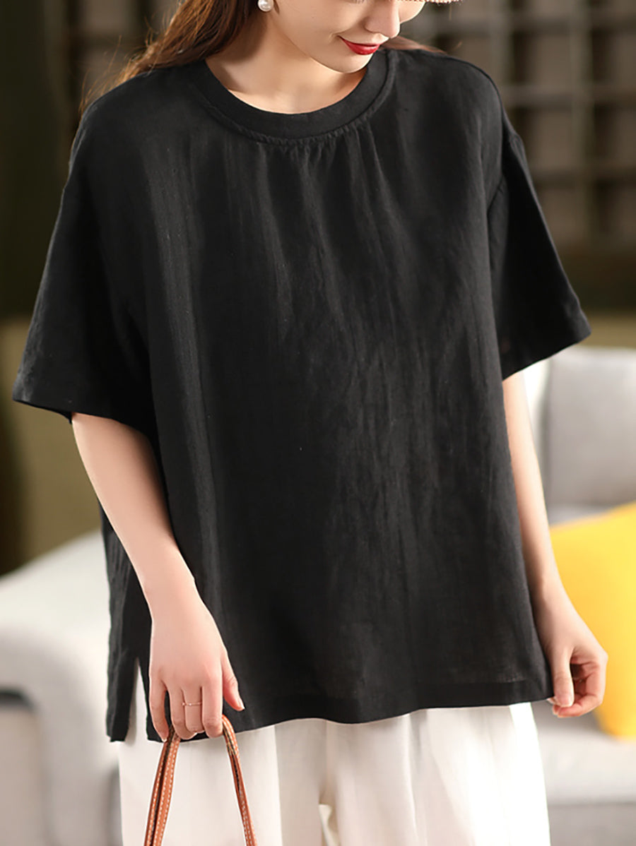 Women Casual Summer O-Neck Pure Color 100%Linen Shirt