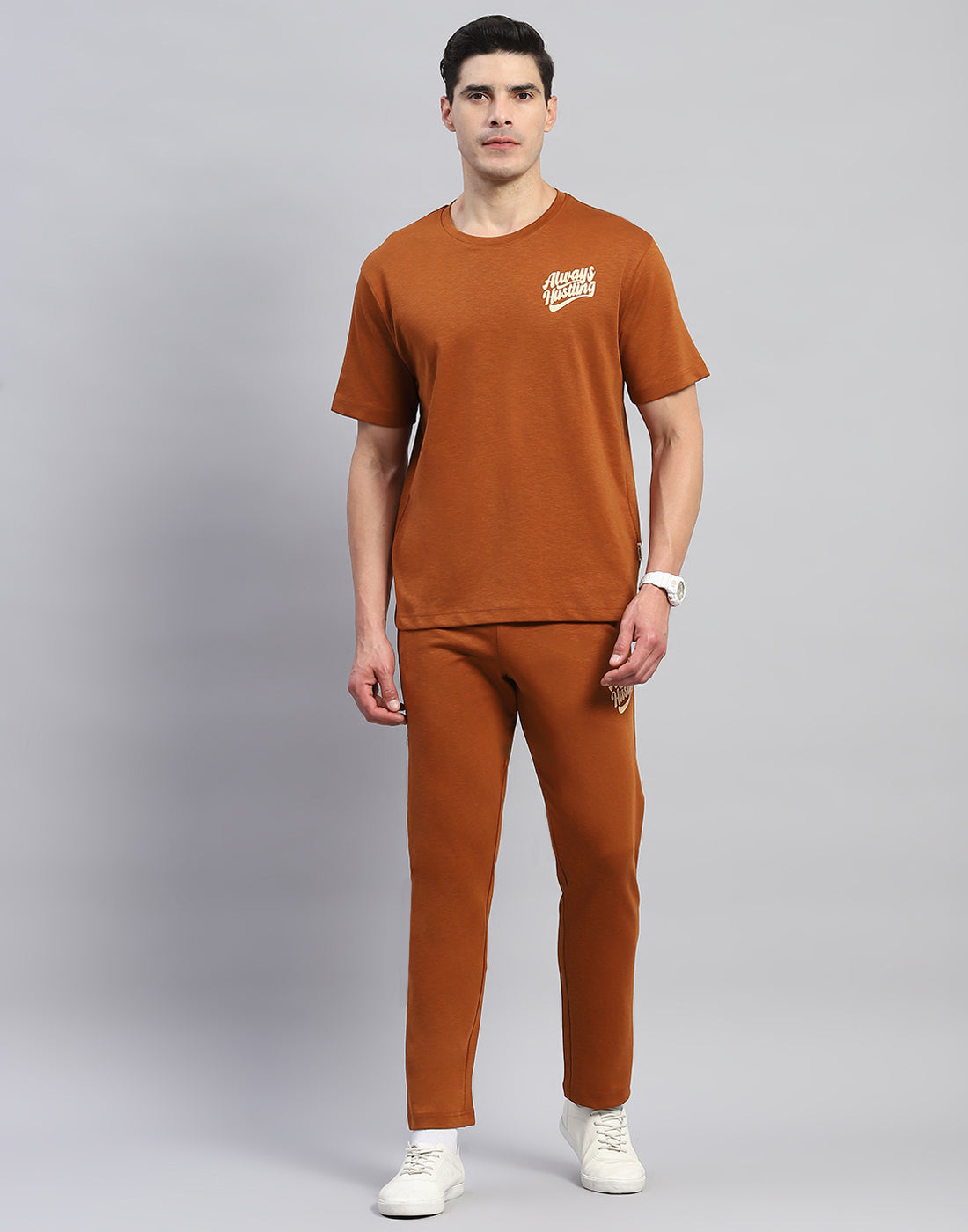 Men Rust Solid Round Neck Half Sleeve Lower Set