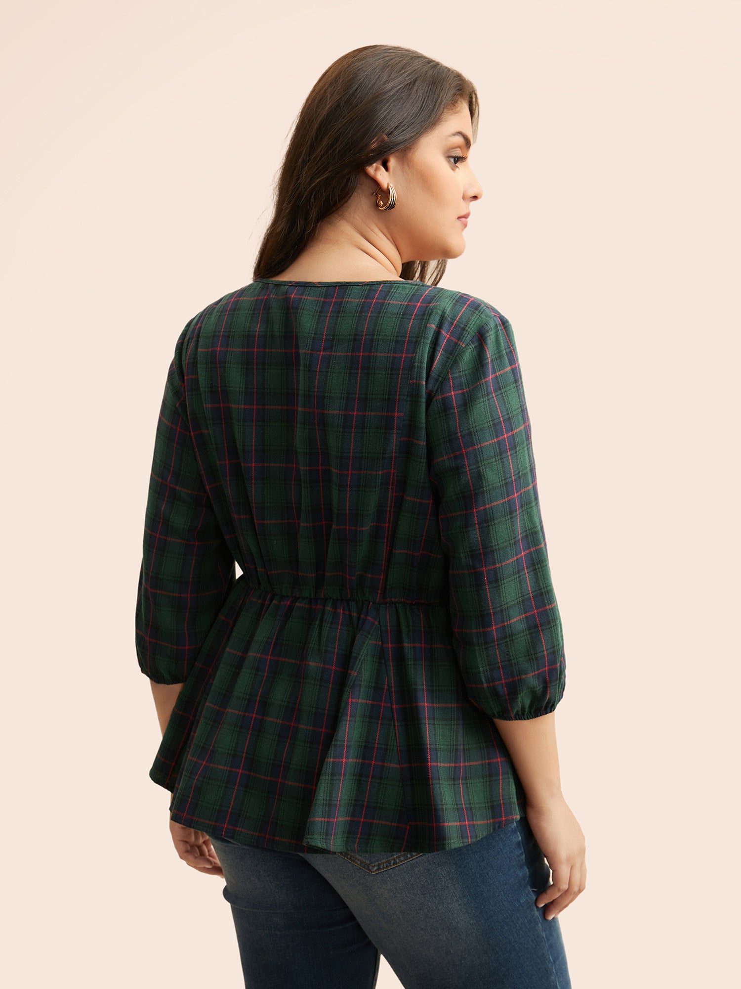 Plaid Button Detail Lantern Sleeve Blouse