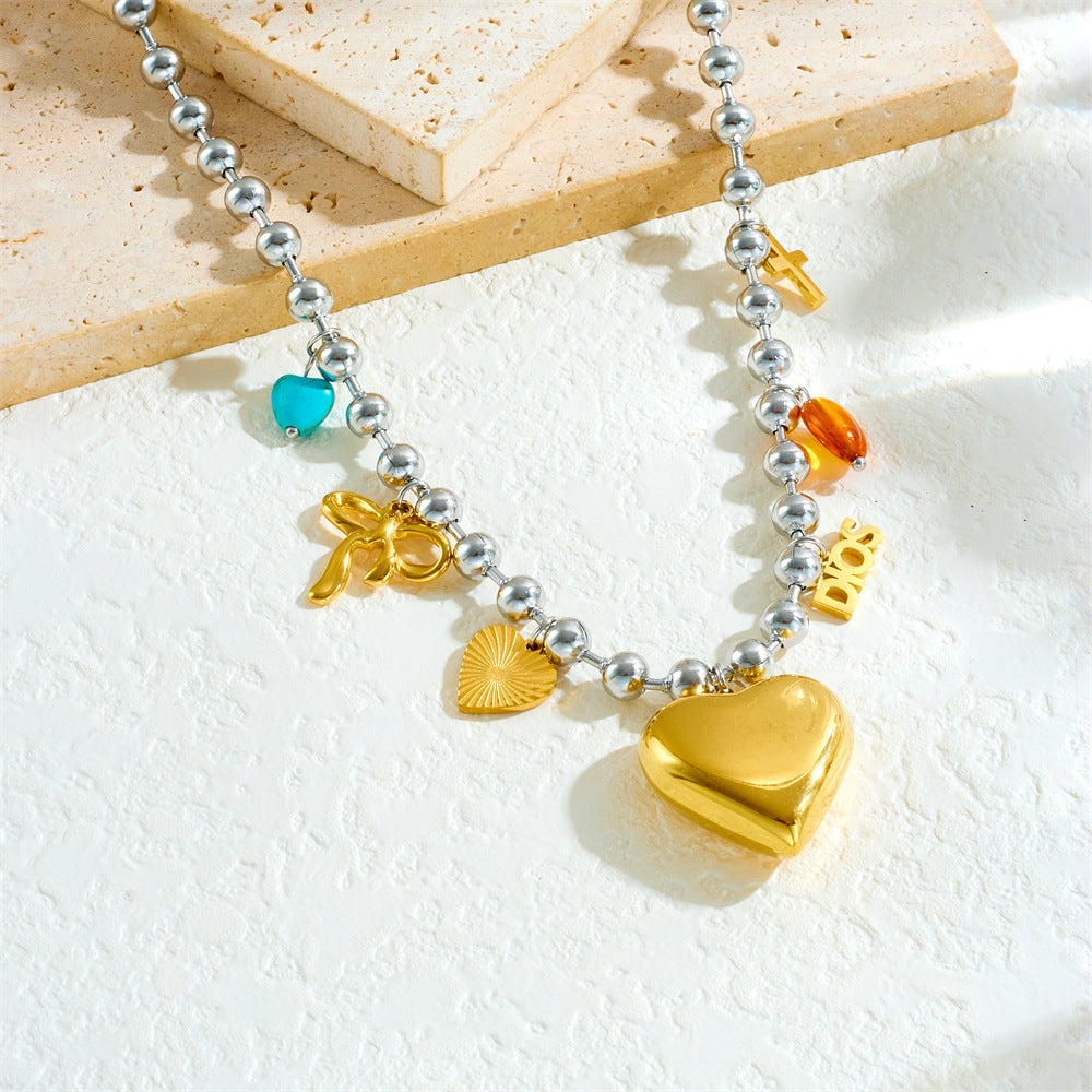 Fashion Sweet Cool Ins Style Cross Love Bowknot Oil Drop Eye Pendant Stainless Steel Design Necklace Female