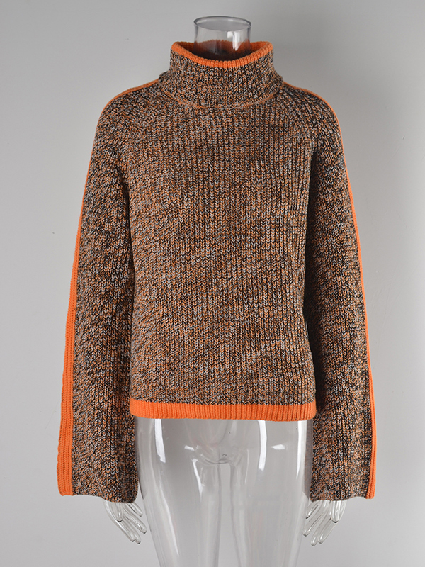 Casual Long Sleeves Loose Contrast Color Half Turtleneck Sweater Tops