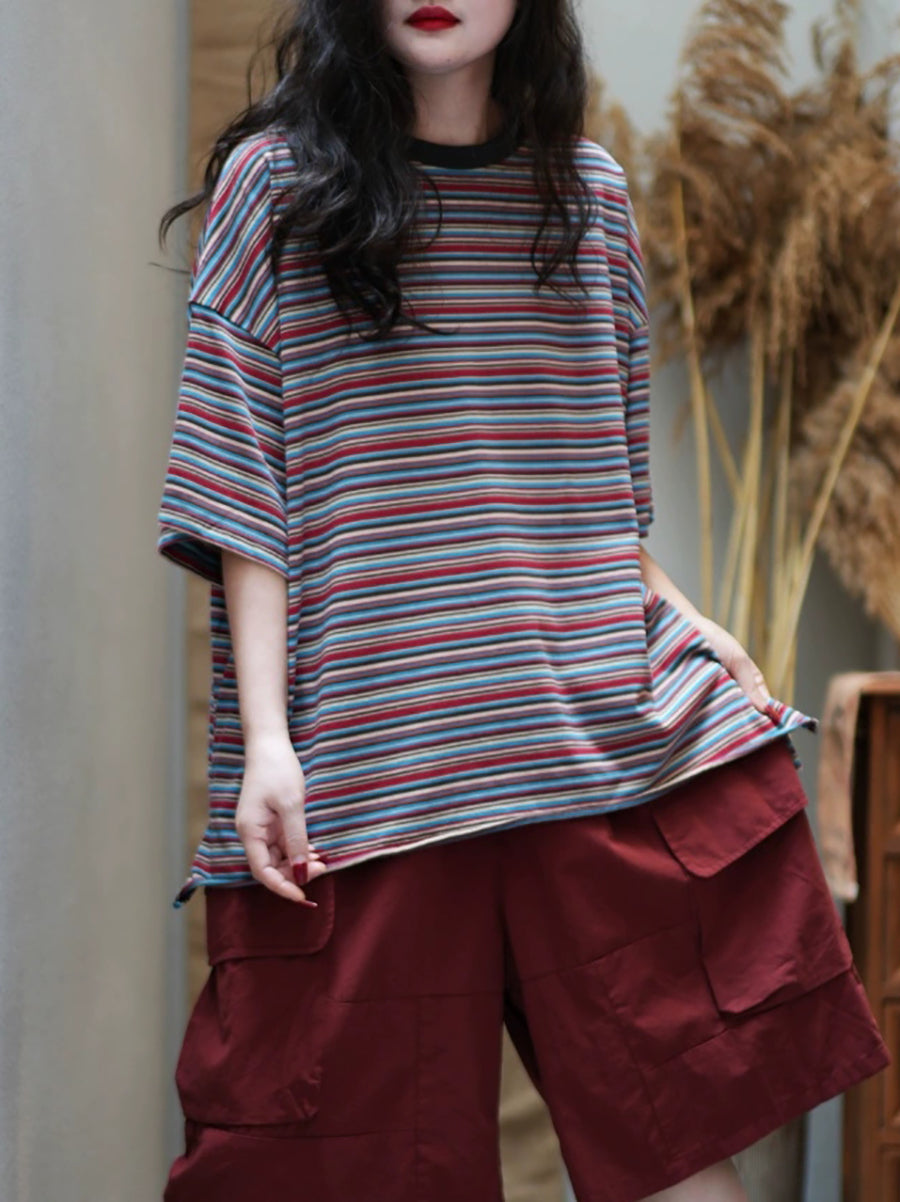 Women Summer Casual Stripe O-Neck Cotton Loose Shirt