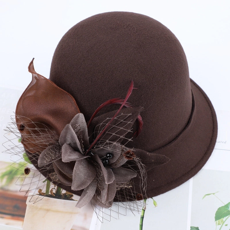 Women's Woolen Autumn And Winter New Dome Bowler Hat Female  Hepburn Style Yarn Flower Basin Hat Flat Brim Elegant Felt Hat
