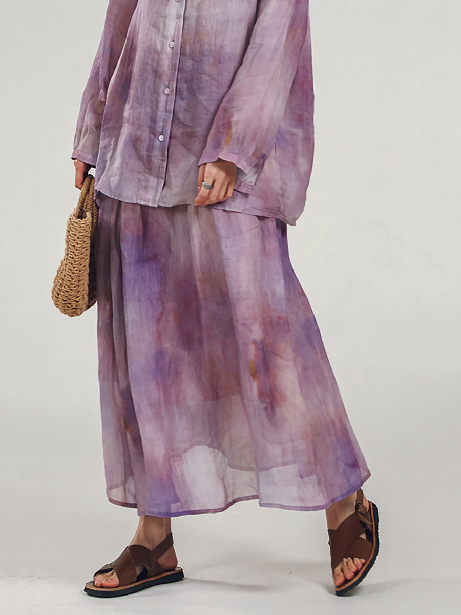 Women Summer Vintage Tie-dye A-Shape 100%Ramie Skirt