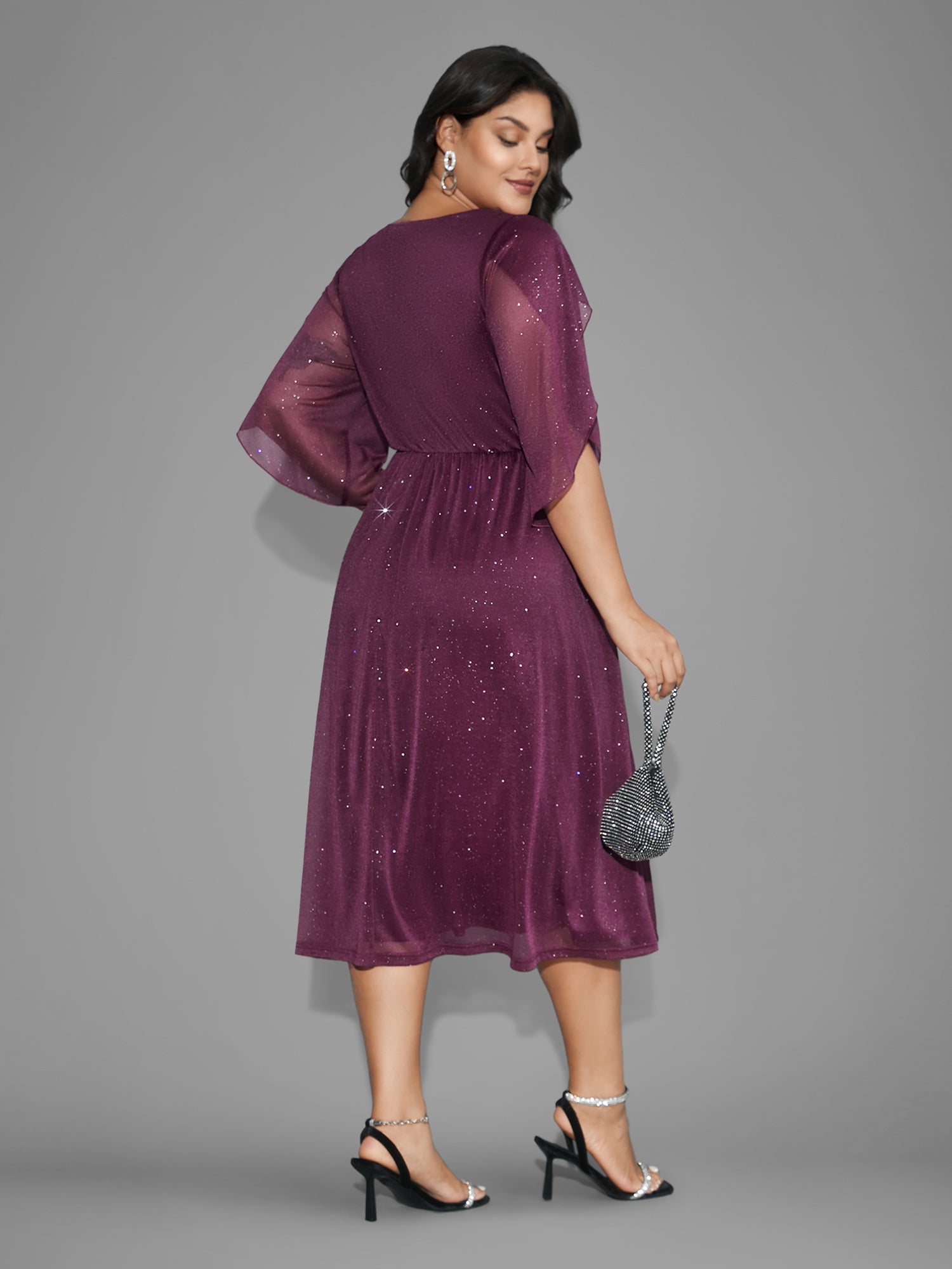 Glitter Mesh Petal Sleeve Midi Dress