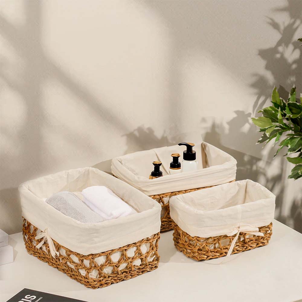 Seagrass Braided Lined Storage Baskets Tall. Set of 3 - Natural