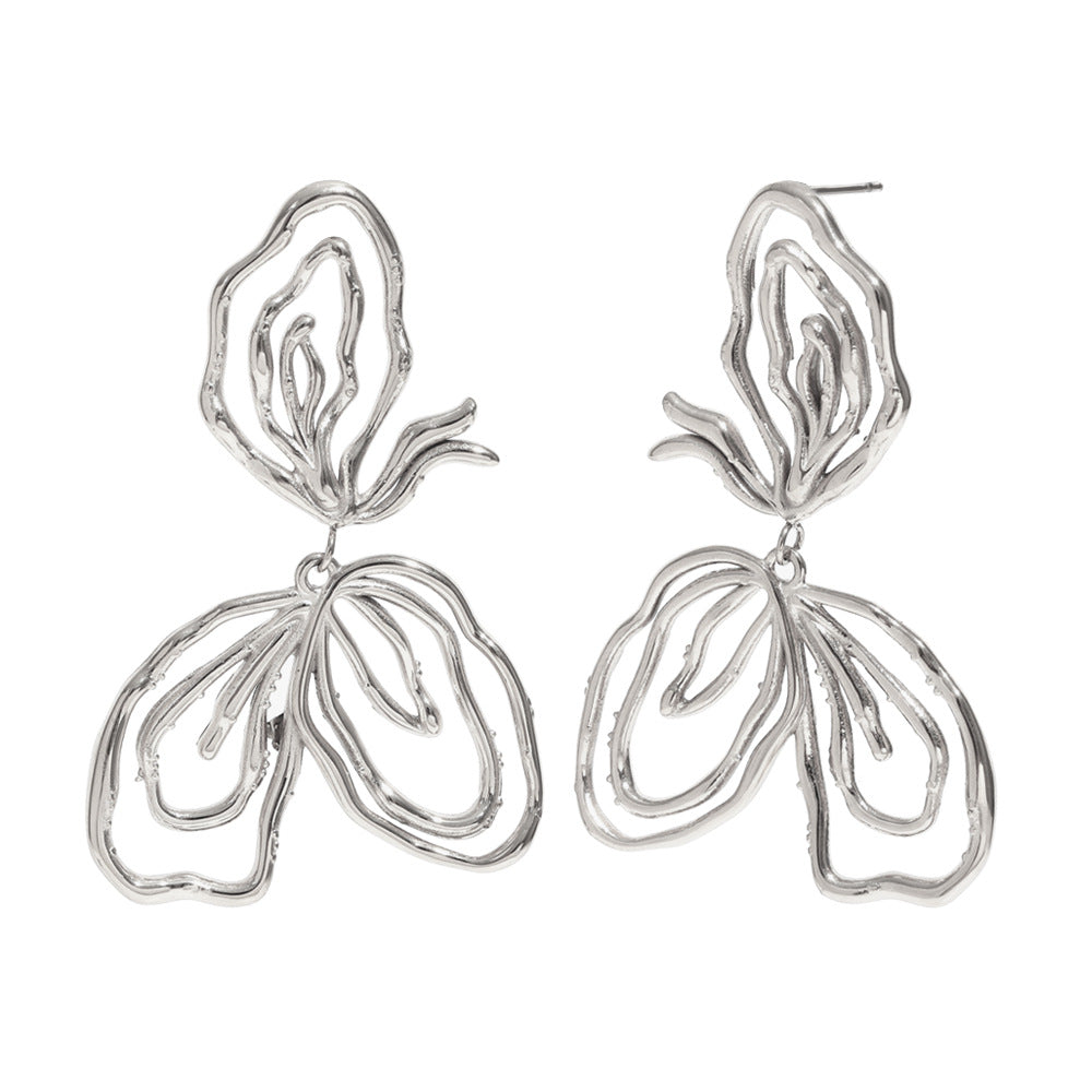 Exaggerated Stainless Steel 18K Gold Plated Flower Cherry Line Double Ring Stitching Earrings For Women