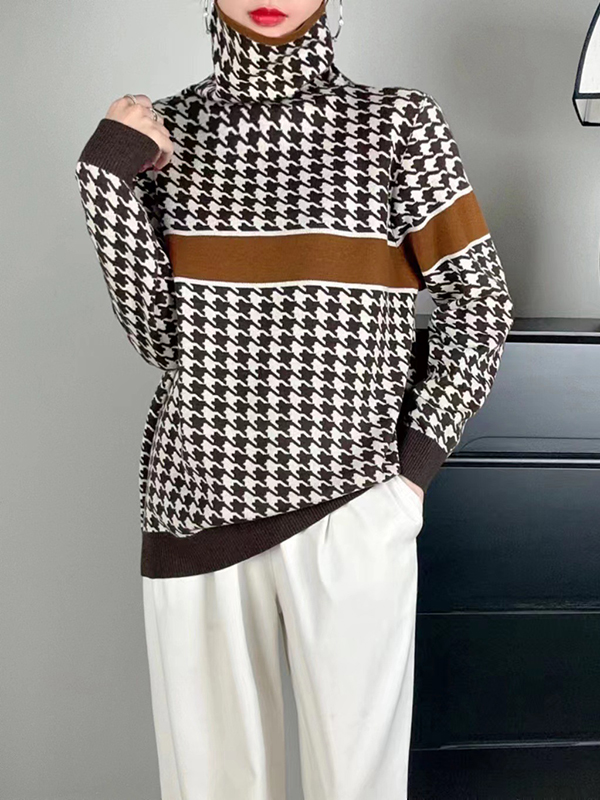 Long Sleeves Loose Contrast Color Houndstooth Split-Joint High Neck Pullovers Sweater Tops
