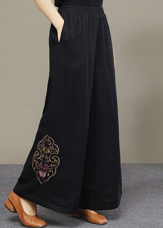 Boutique Black Embroidered Pockets Linen Pants Spring