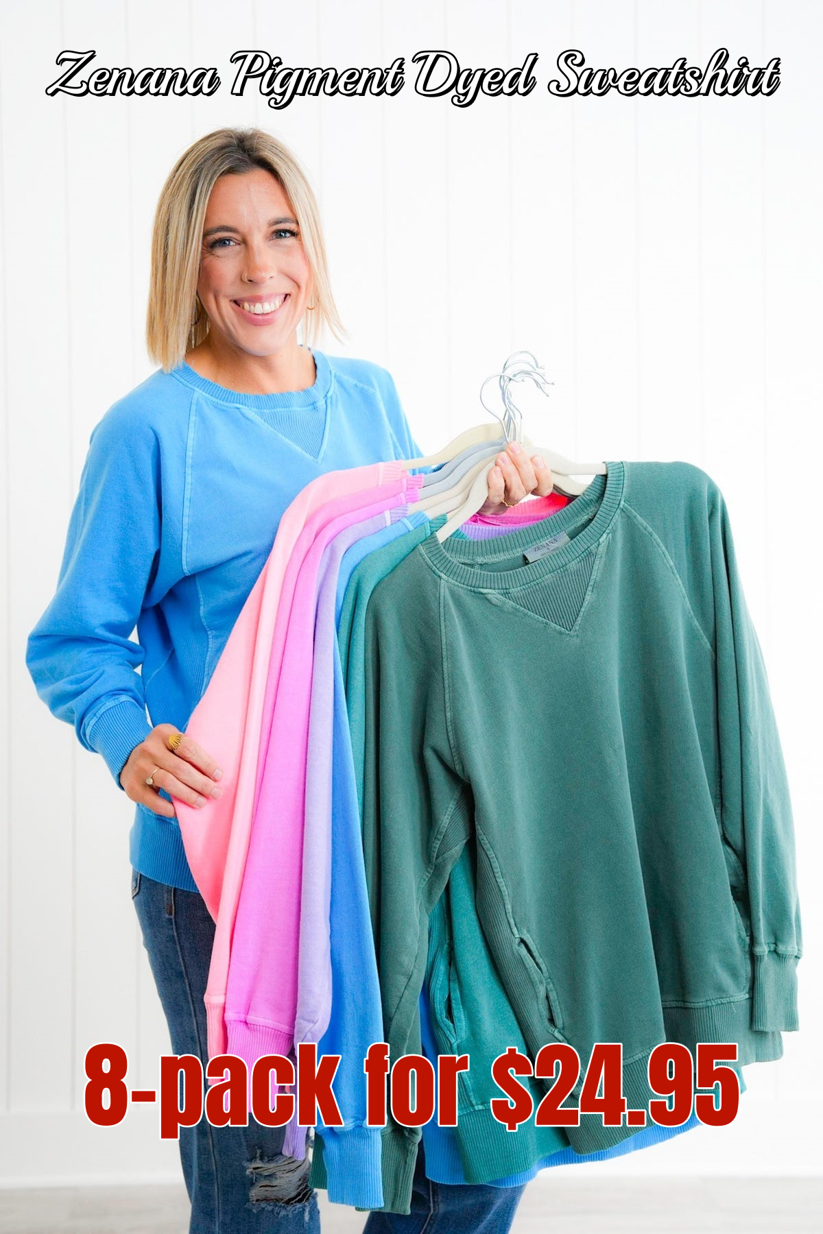 FINAL SALE⚡8 Packs for $24.95⚡ - Door Buster! Zenana Pigment Dyed French Terry Pullover w/ Pockets (Multiple Colors)