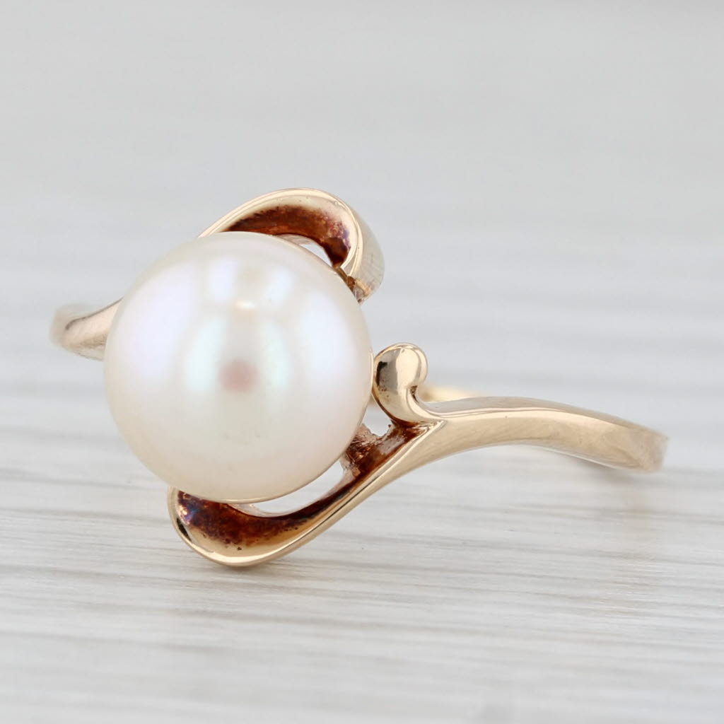 Cultured Pearl Bead Solitaire Bypass Ring 14k Yellow Gold Size 6.75