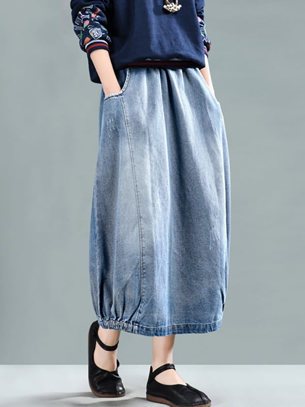 Vintage Loose A-Line Elasticity Solid Color Skirts Bottoms