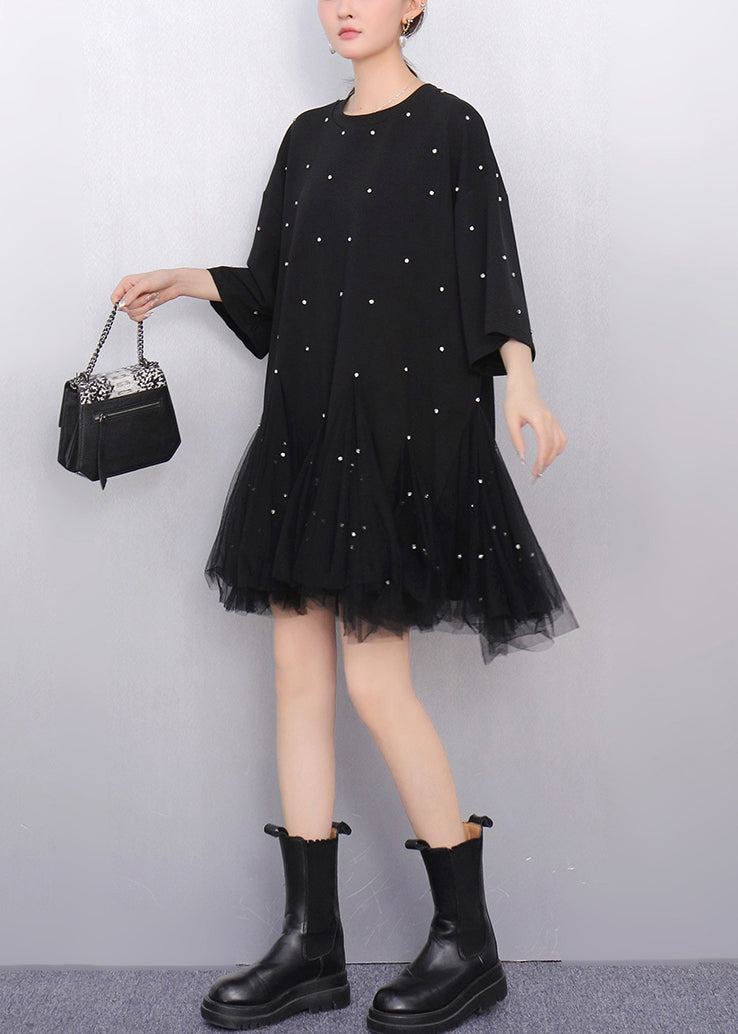 Fine Black Zircon Tulle Patchwork Cotton T Shirts Dress Half Sleeve Fall