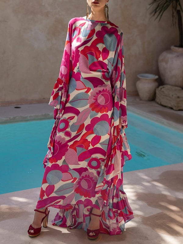Batwing Sleeves Loose Flower Print Pleated Split-Joint Round-Neck Maxi Dresses