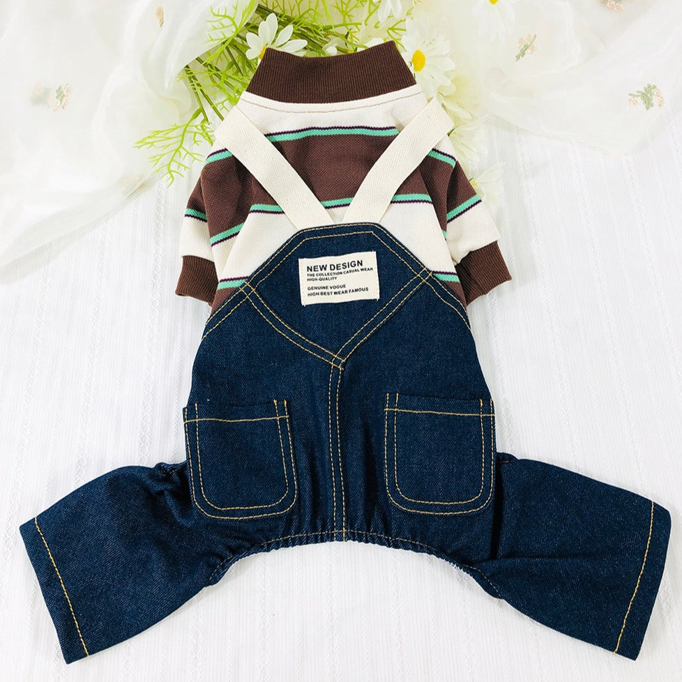 Casual Wide Striped Denim Dog Jumpsuits