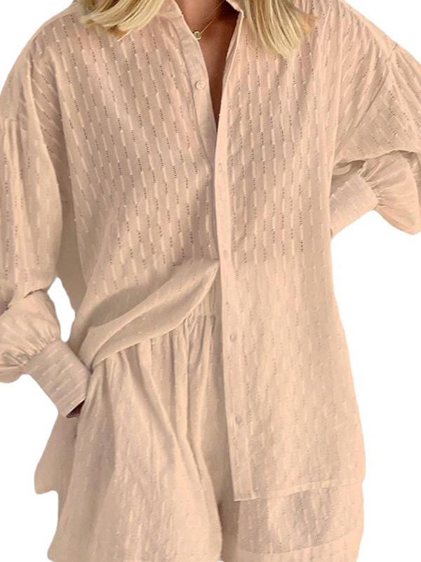 High-Low Long Sleeves Buttoned Jacquard Solid Color Lapel Shirts Top +Shorts Bottom Two Pieces Set