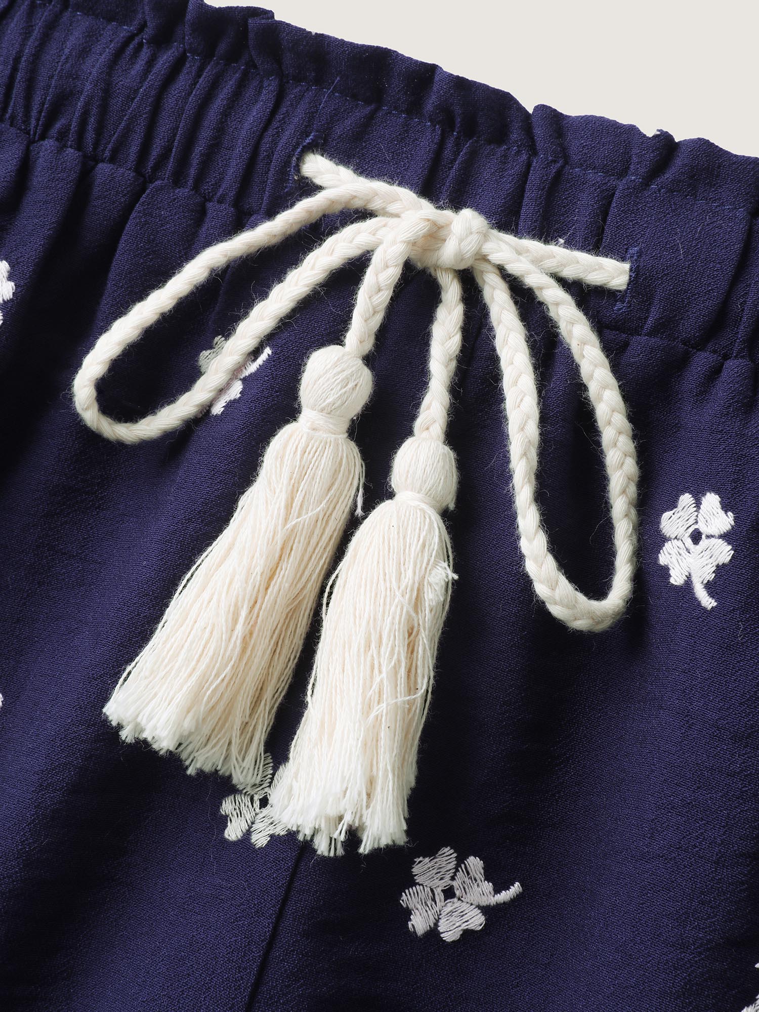 Floral Embroidered Drawstring Wide Leg Shorts