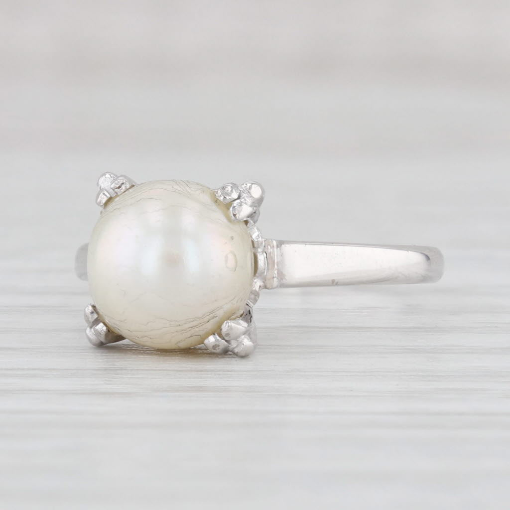 Vintage Cultured Pearl Solitaire Ring 14k White Gold Size 7.75
