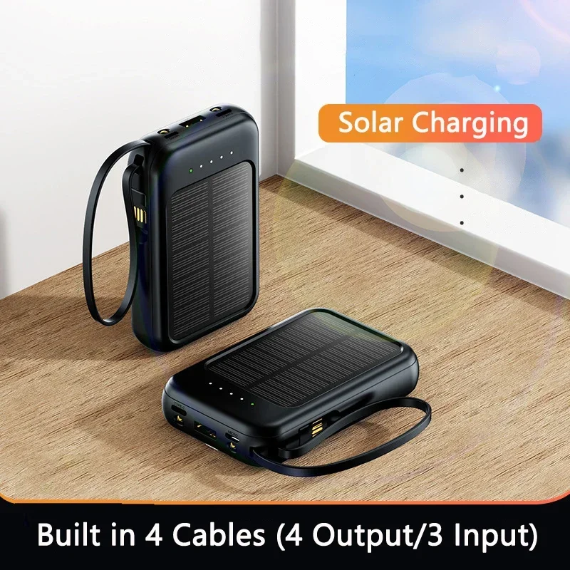 50000mAh Solar Power Bank Built-in Cable Solar Charger 2 USB Ports External Charger Power Bank with LED Light For iPhone Xiaomi